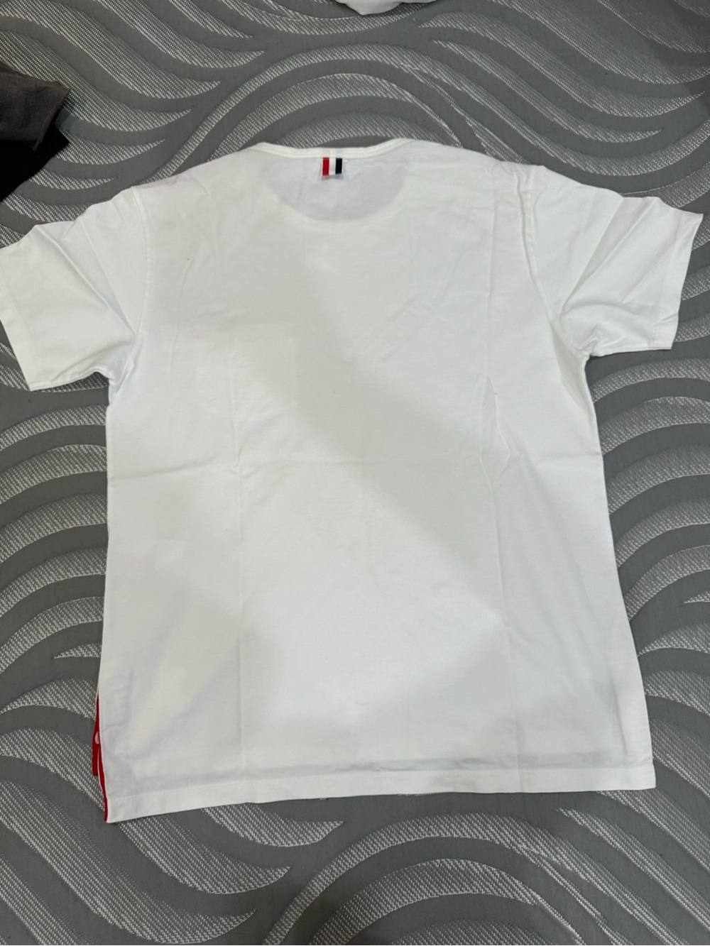 Thom Browne White Short Sleeve Crew Tee with Red & Blue Neck Tab